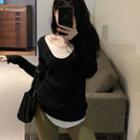 Mock Two-piece Long-sleeve Asymmetric Knit Sweatshirt