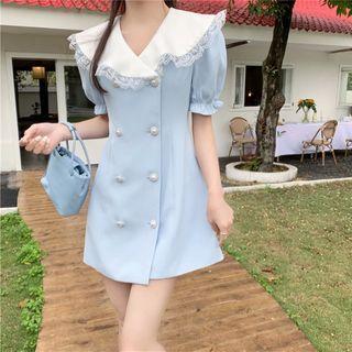 Puff-sleeve Double-breasted Lace Trim Shirtdress