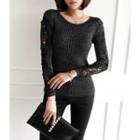 Lace-sleeve Glittered Knit Top Black - One Size