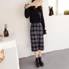 Set: Crew-neck Sweater + Plaid Straight-fit Skirt