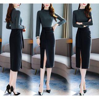 Set: Long-sleeve T-shirt + Midi Pencil Skirt