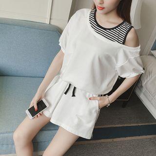 Set: Mock Two Piece Striped Panel Elbow Sleeve T-shirt + Drawstring Shorts