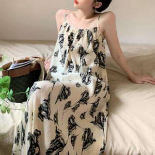 Spaghetti Strap Printed Midi A-line Dress Beige - One Size