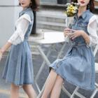 3/4-sleeve Paneled A-line Denim Dress