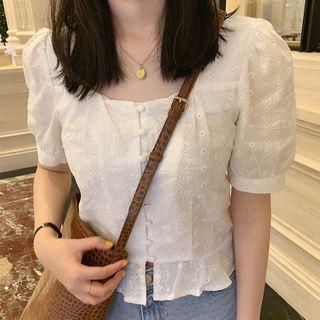 Square Neck Puff Sleeve Eyelet Lace Blouse