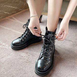 Lettering Lace-up Faux-leather Short Boots