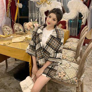 Set: Plaid Button Coat + Mini Plaid A-line Skirt