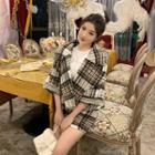 Set: Plaid Button Coat + Mini Plaid A-line Skirt