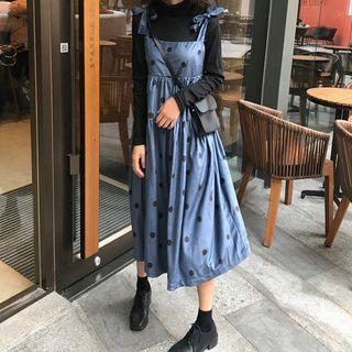 Long-sleeve Mock Neck T-shirt / Dotted Midi Jumper Dress