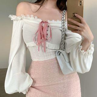 Lace Trim Lace-up Crop Top White - One Size