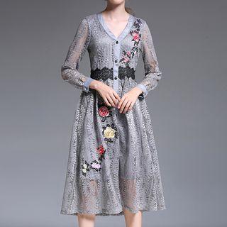 Flower Embroidered Long Sleeve Midi Lace Dress