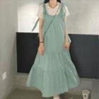 Short-sleeve Floral Print T-shirt / Spaghetti Strap Plain Midi Dress