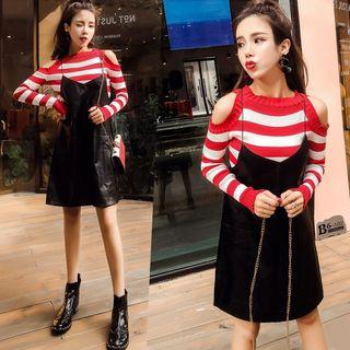 Set: Cut Out Shoulder Striped Sweater + Spaghetti Strap Faux Leather Dress
