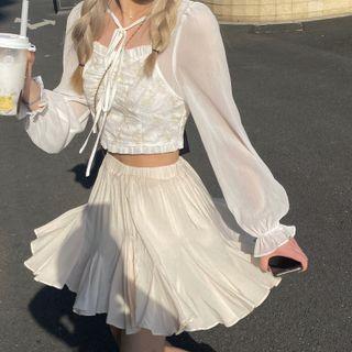 Lace Panel Cropped Blouse White - One Size