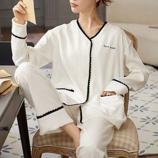 Loungewear Set : Long-sleeve Lace Trim Lettering Shirt + Pants