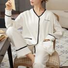 Loungewear Set : Long-sleeve Lace Trim Lettering Shirt + Pants