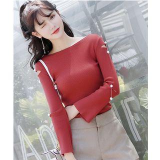 Faux Pearl Detail Cut Out Long-sleeve Knit Top