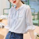 Bow-neck Ruffled Pinstripe Short-sleeve Shirt