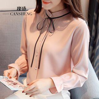 Bow Accent Band Collar Blouse