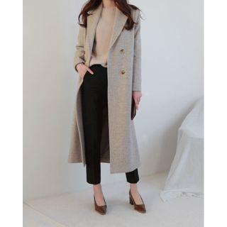 Herringbone Wool Blend Maxi Coat With Sash