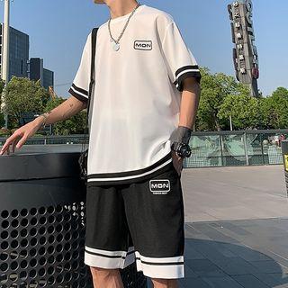 Set: Contrast-trim Short-sleeve Oversize Top + Sweatshorts