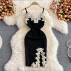 Spaghetti-strap Lace Trim Slit Mini Sheath Dress Black - One Size