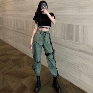 Long-sleeve Cutout T-shirt / Buckled Hare Pants / Pouch / Set