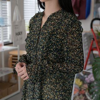 V-neck Frilled Floral Blouse Black - One Size