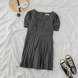 Puff-sleeve Buttoned Pleated Midi Dress Gray - One Size