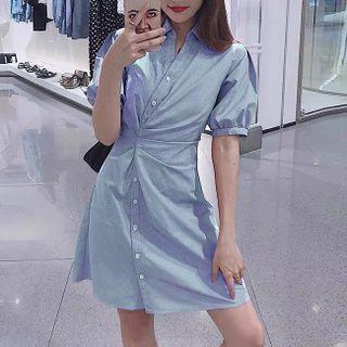 Short-sleeve Mini A-line Shirt Dress Blue - One Size