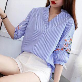 Striped Elbow-sleeve Embroidered Blouse