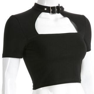 Short-sleeve Choker-neck Cutout T-shirt / Long-sleeve T-shirt