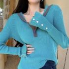 V-neck Ribbed Knit Top Blue - One Size