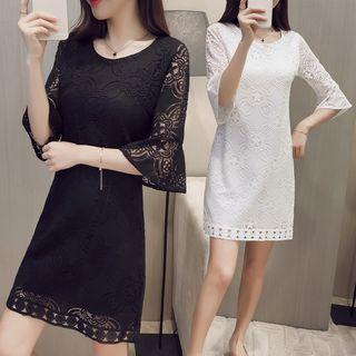 Elbow-sleeve Lace Overlay A-line Dress