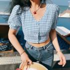 Short-sleeve Button-up Gingham Check Crop Top