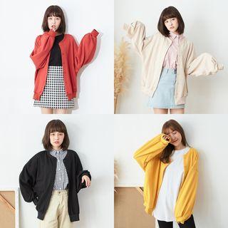 Puff Sleeve Plain Baseball Jacket