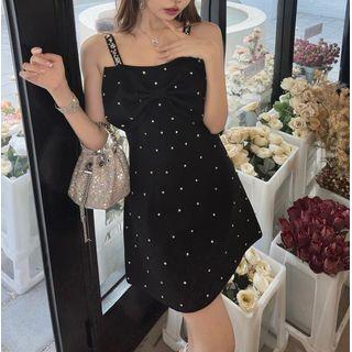 Spaghetti Strap Rhinestone Bow Accent Mini A-line Dress