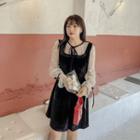 Long-sleeve Lace Paneled Tie-neck A-line Dress