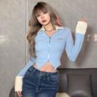 Long-sleeve Applique Collared Zip Cropped T-shirt