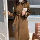 Long Sleeve Plain Woolen Coat Dark Brown - One Size