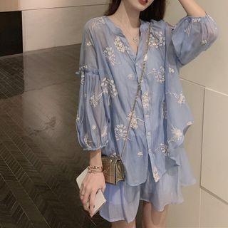 Set Of 2: Stand-collar Floral Blouse + Mini Skirt
