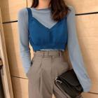 Plain Long-sleeve T-shirt / Lace-up Knitted Vest