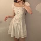 Balloon-sleeve Lace-up A-line Dress White - One Size