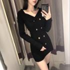 V-neck Double-breasted Slim-fit Long-sleeve Knit Dress