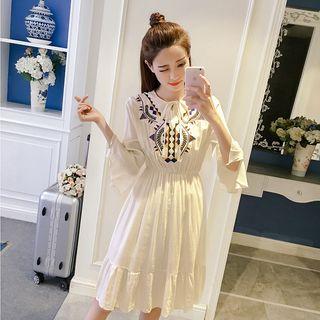 Embroidered 3/4-sleeve Midi A-line Dress