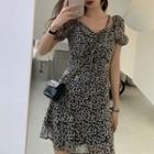 Floral Print Drawstring Ruched Puff-sleeve Mini A-line Dress