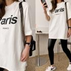 Elbow-sleeve Letter Print Oversize T-shirt Ivory - One Size