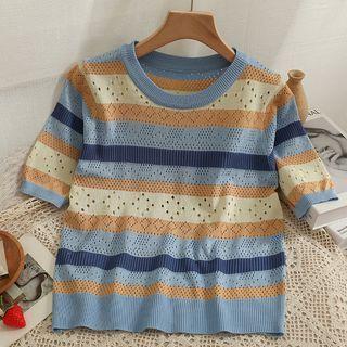 Eyelet Colorblock Loose T-shirt Blue - One Size