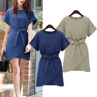 Short-sleeve Asymmetric Tie-waist Mini Dress