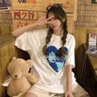 Elbow-sleeve Fluffy Heart Patch T-shirt